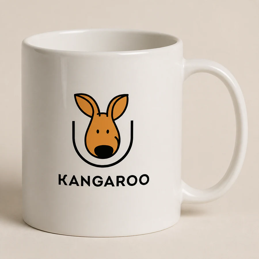 Біла чашка з покращеним покриттям 330 мл — фото з логотипом KANGAROO