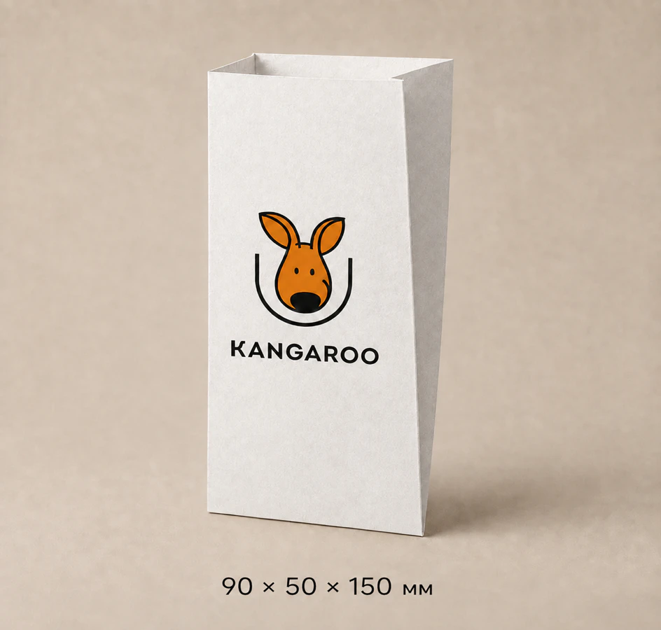 Білий крафтовий пакет саше 90 × 50 × 150 мм з логотипом KANGAROO