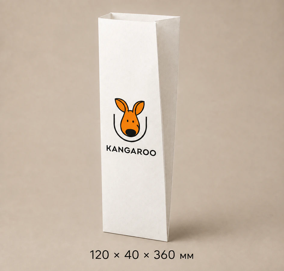 Білий крафтовий пакет саше 120 × 40 × 360 мм з логотипом KANGAROO