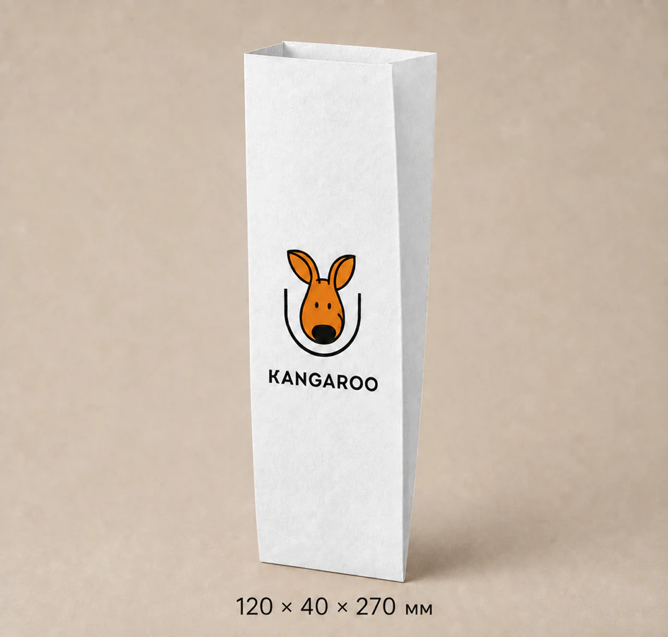 Білий крафтовий пакет саше 120 × 40 × 270 мм з логотипом KANGAROO