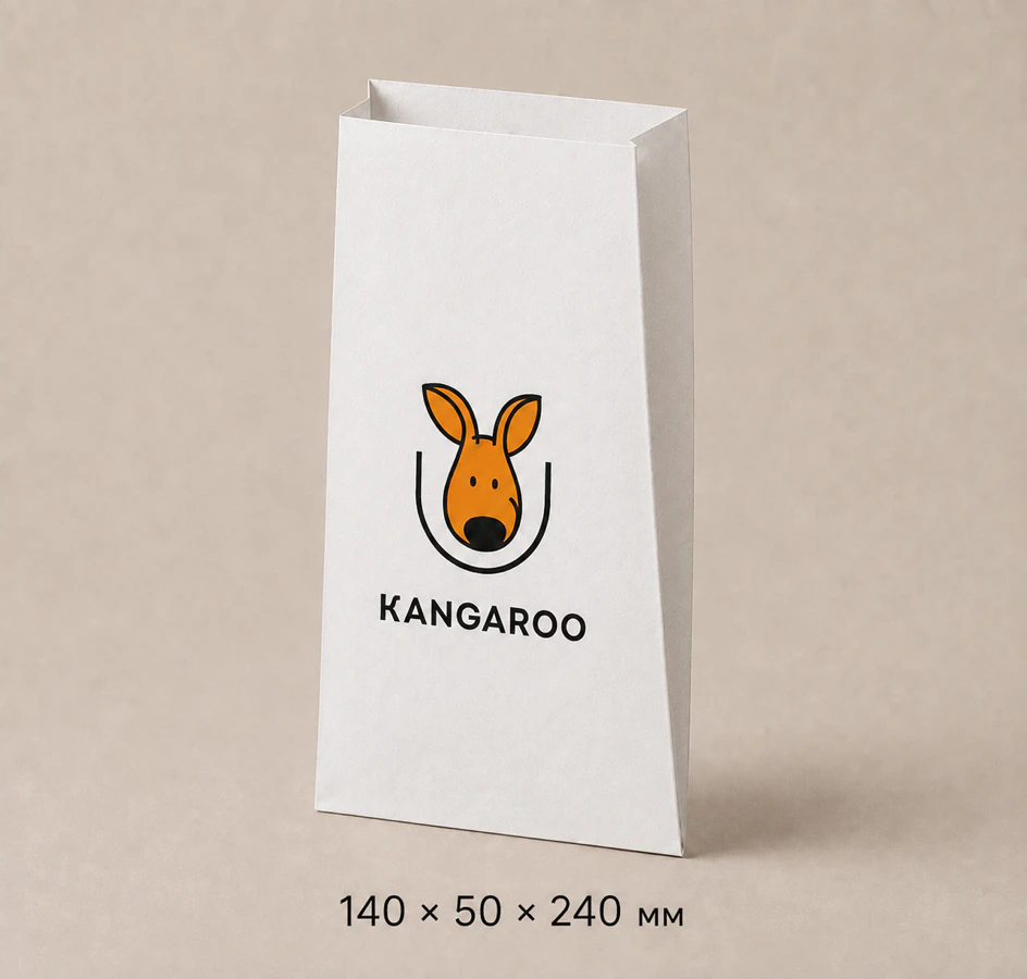 Білий крафтовий пакет саше 140 × 50 × 240 мм з логотипом KANGAROO