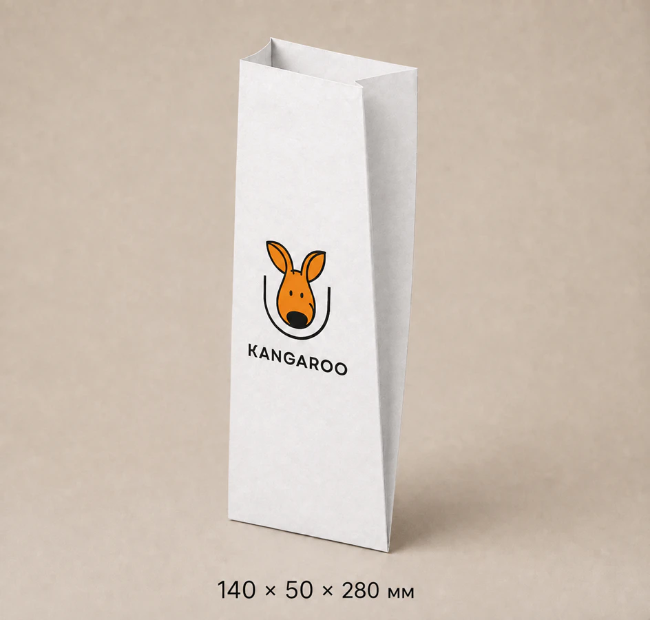 Білий крафтовий пакет саше 140 × 50 × 280 мм з логотипом KANGAROO