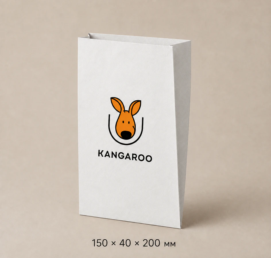 Білий крафтовий пакет саше 150 × 40 × 200 мм з логотипом KANGAROO