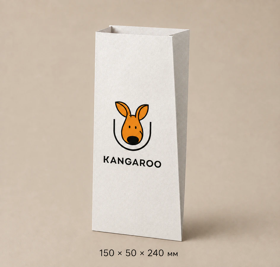 Білий крафтовий пакет саше 150 × 50 × 240 мм з логотипом KANGAROO