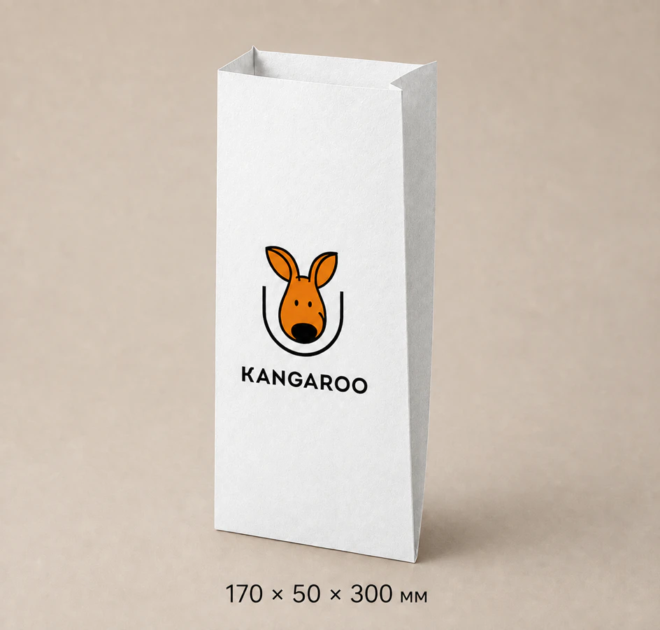 Білий крафтовий пакет саше 170 × 50 × 300 мм з логотипом KANGAROO