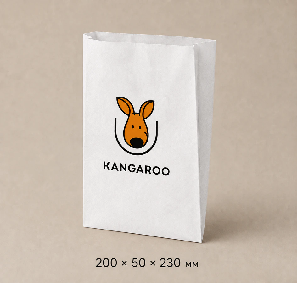 Білий крафтовий пакет саше 200 × 50 × 230 мм з логотипом KANGAROO