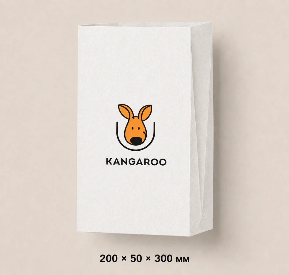 Білий крафтовий пакет саше 200 × 50 × 300 мм з логотипом KANGAROO