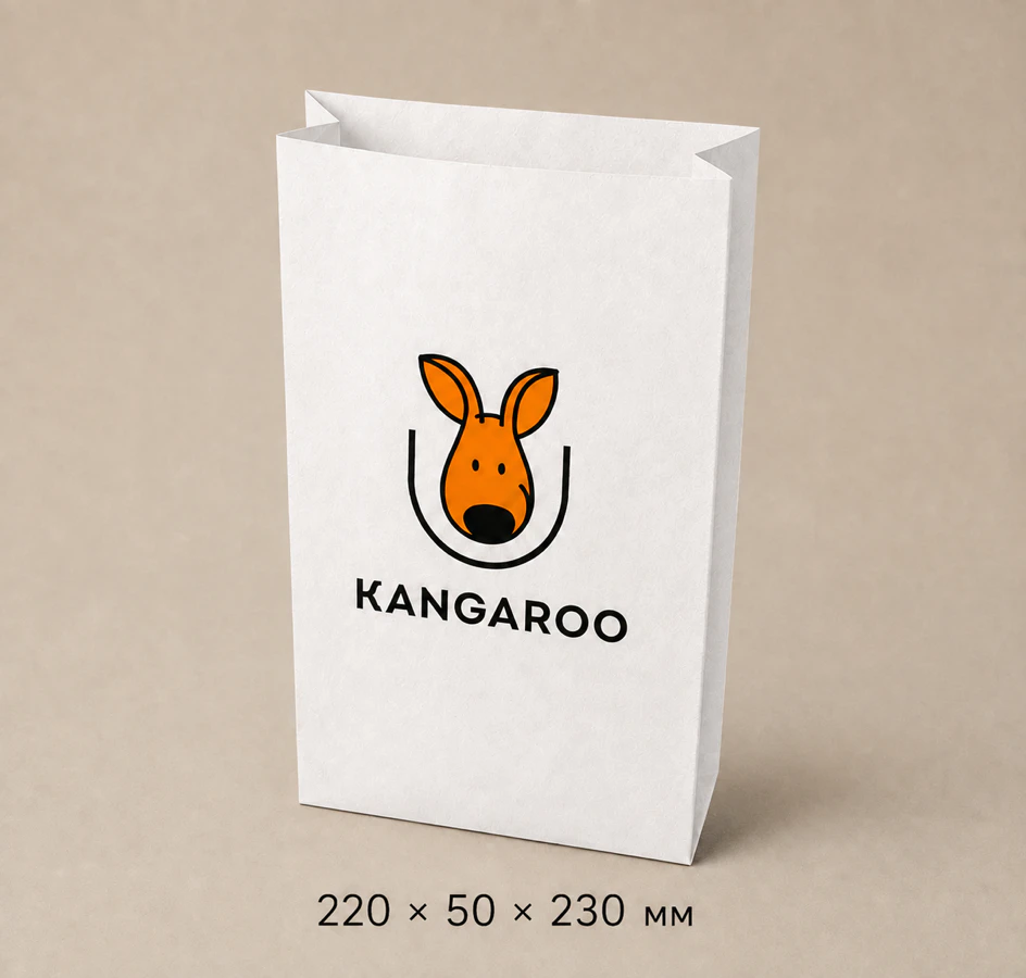 Білий крафтовий пакет саше 220 × 50 × 230 мм з логотипом KANGAROO