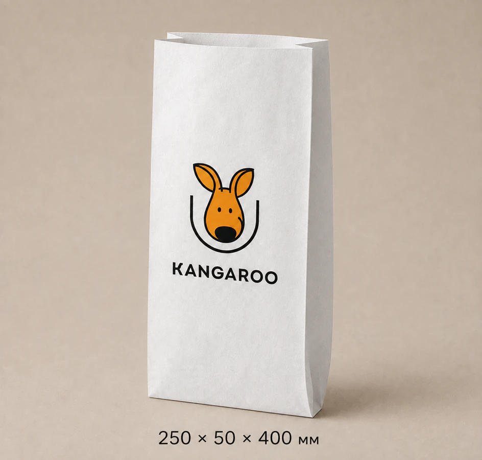 Білий крафтовий пакет саше 250 × 50 × 400 мм з логотипом KANGAROO